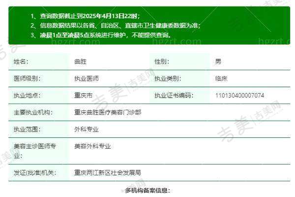 重庆曲胜医疗美容门诊部资质